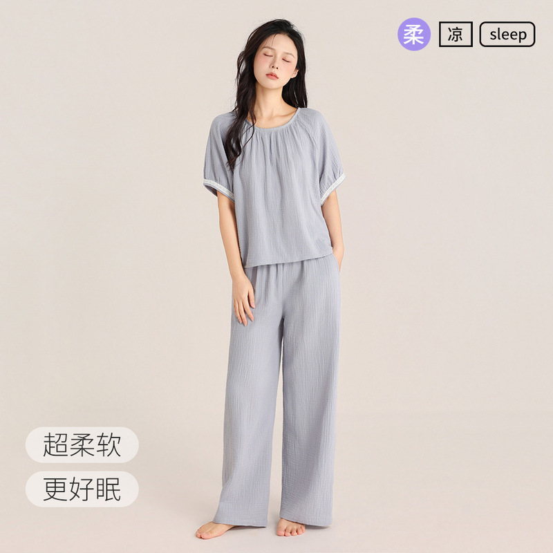 Spring and Summer Pure Cotton Double-Layer Crepe Round-Neck Suit, Loose Casual Pajamas That Can Be Worn Outside, Women's Puff-Sleeved Home Clothes Spring and Summer Pure Cotton Double-Layer Crepe Round-Neck Suit, Loose Casual Pajamas That Can Be Worn Outside, Women's Puff-Sleeved Home Clothes