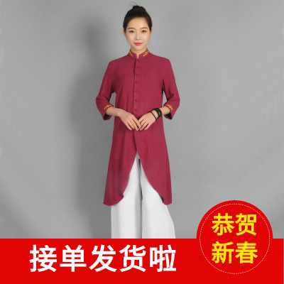 禅服亚麻女套装七分袖阔腿裤茶艺服茶道棉麻居士服艾灸服装6336|ms
