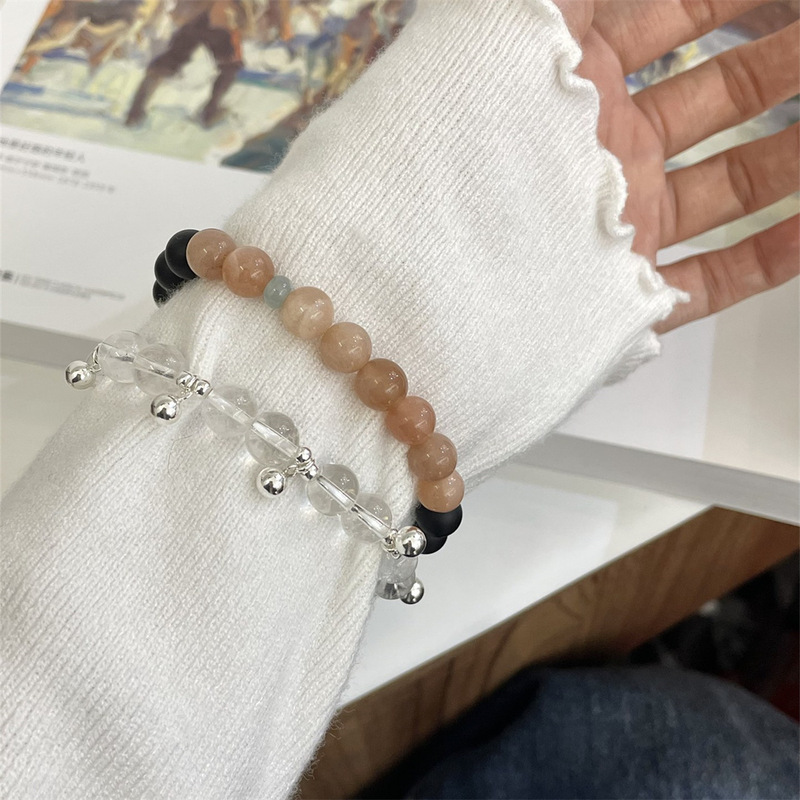 S925 Silver Ball White Crystal Bracelet➕Contrast Color Natural Glow Agate Sun Stone Bracelet Daily Commute All-match
