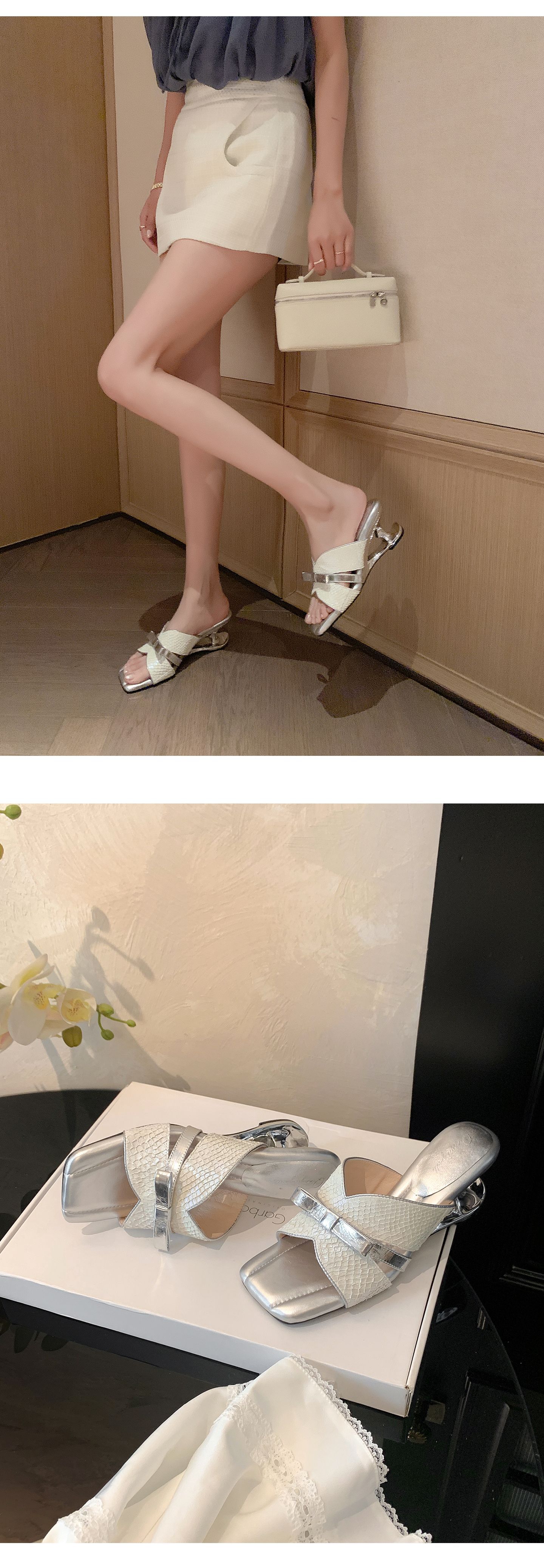 Sandal cao gót nữ mũi vuông hở ngón, quai ngang nơ bướm, đế xuồng êm chân — màu vàng, bạc chi tiết 19
