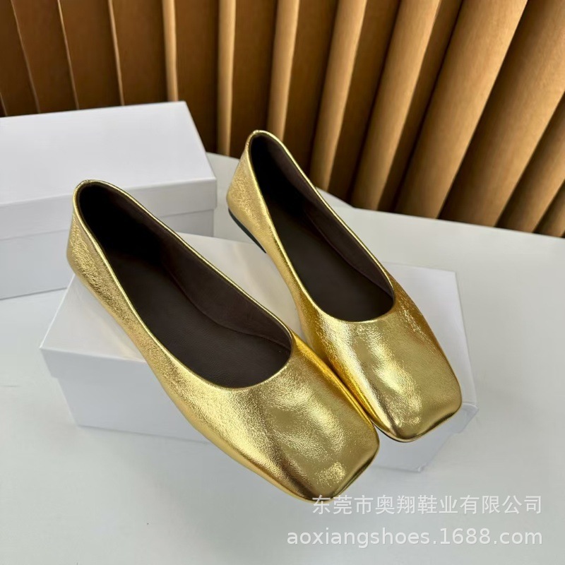工厂现货row 家同款无标超软小牛皮方头极简平底单鞋舒适奶奶鞋女|undefined