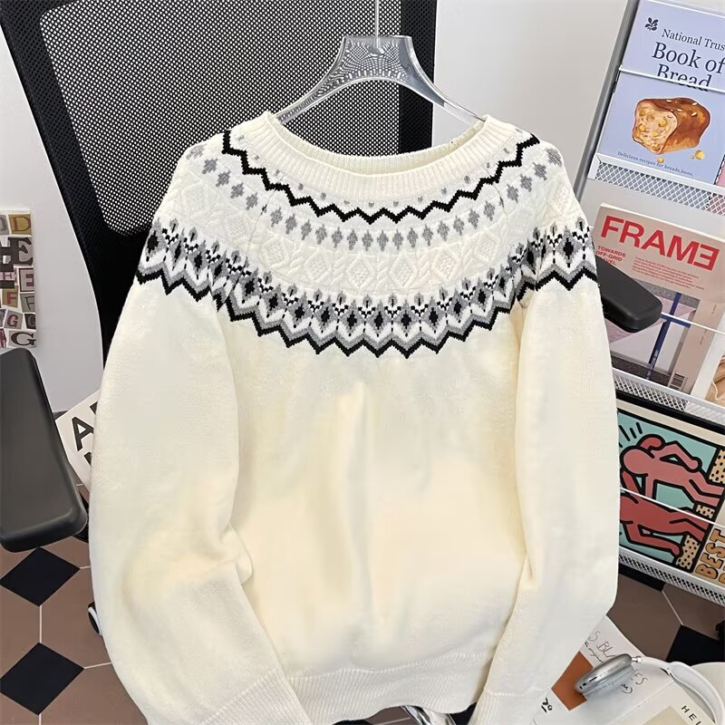 American Retro Fair Isle Boxy Sweater for Men, Autumn High-End Cable Knit Long-Sleeve T-Shirt, Heavy Weight, Regular Shoulder Base Shirt