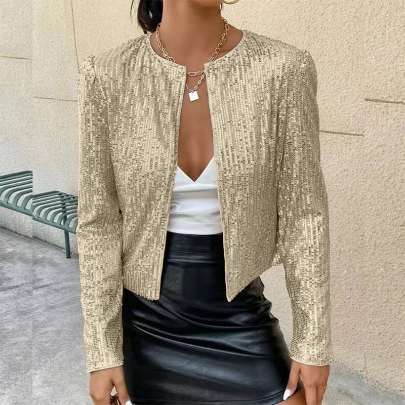 280g Weight Casual Jacket Outerwear Type Long Sleeve Sleeve Length Polyester Fabric Type Regular Top Length Coat Tops Type Holiday, Party Occasion Round Neck Neckline Slim Fit Type Solid Color Pattern Spring, Autumn Season Women's Gender Sequins Design Streetwear Style Women's Streetwear Solid Color Sequins Coat Casual Jacket 1