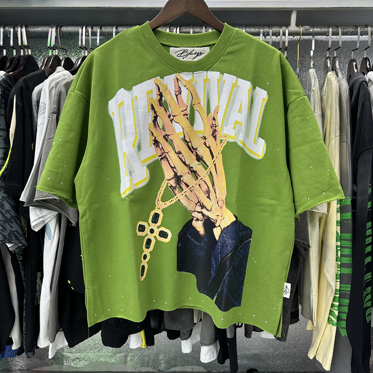 Transfronterizo nueva venta en caliente BKS camiseta de manga corta extraña esqueleto retro lavado de agua caliente perforación en caliente para hombres y mujeres de moda en stock lotes