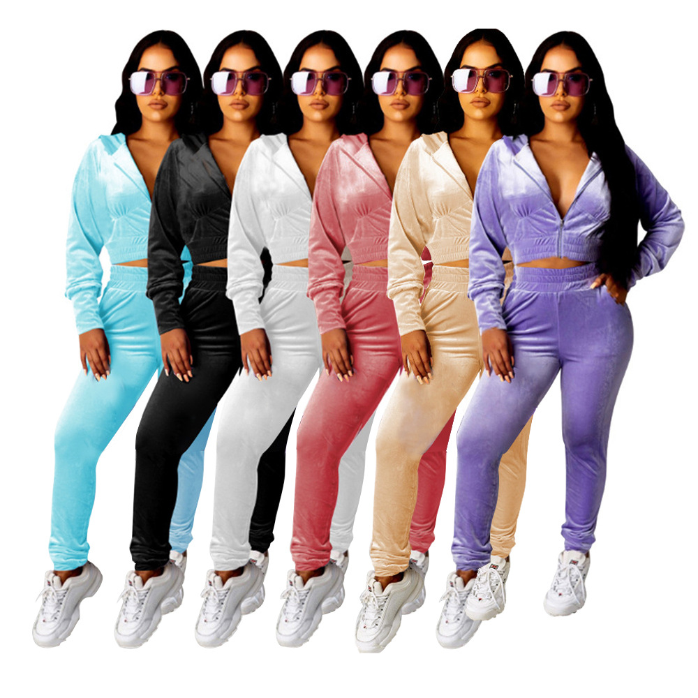 European and American velvet autumn suit cross-border Amazon wish fashion hooded two-piece set temperament waist casual women's clothing