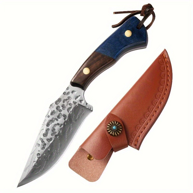 Yangjiang factory directly supplies double-handle hammer-forged straight knife with colorful blades, free leather case for outdoor portability