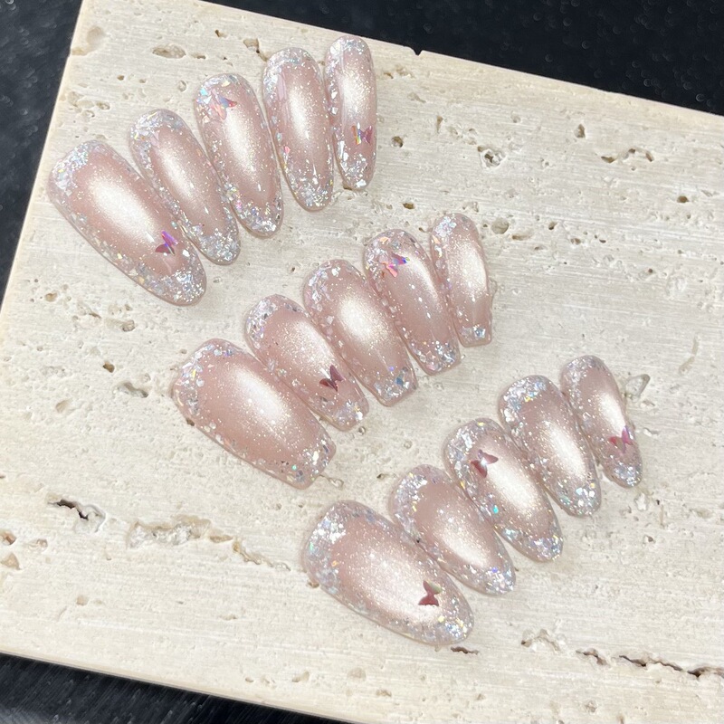 Sweet Peach Crushed Diamond Pure Dazzling Cat Eye Garland Sequin Elegant Whitening Manicure Stickers Handmade Phototherapy Wearable Nails Mid-Length Sweet Peach Crushed Diamond Pure Dazzling Cat Eye Garland Sequin Elegant Whitening Manicure Stickers Handmade Phototherapy Wearable Nails Mid-Length