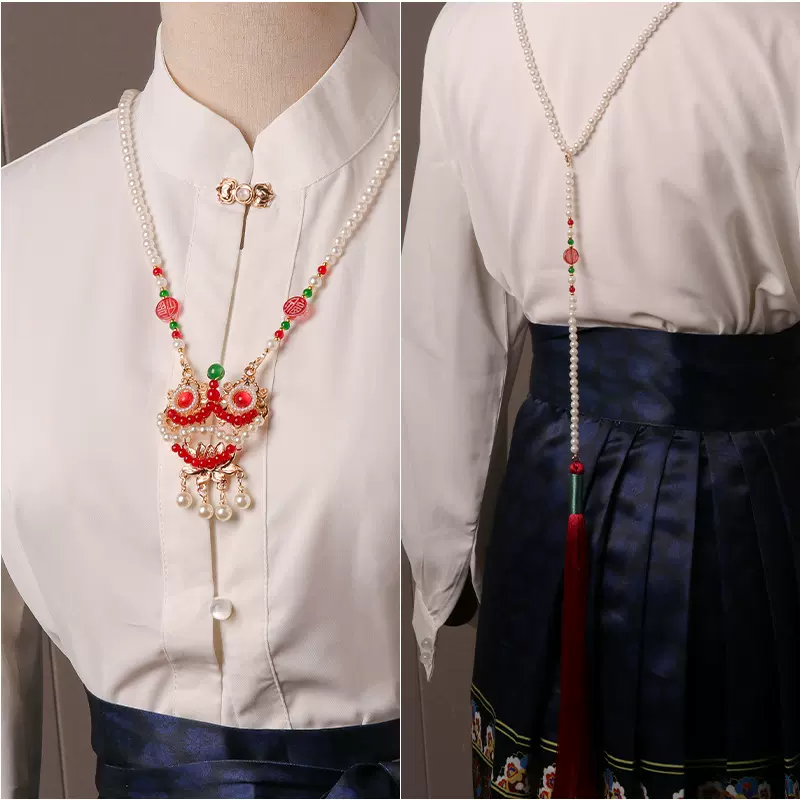 2023新款汉服配饰流苏背云项链女中国风红色醒狮长璎珞古风饰品明