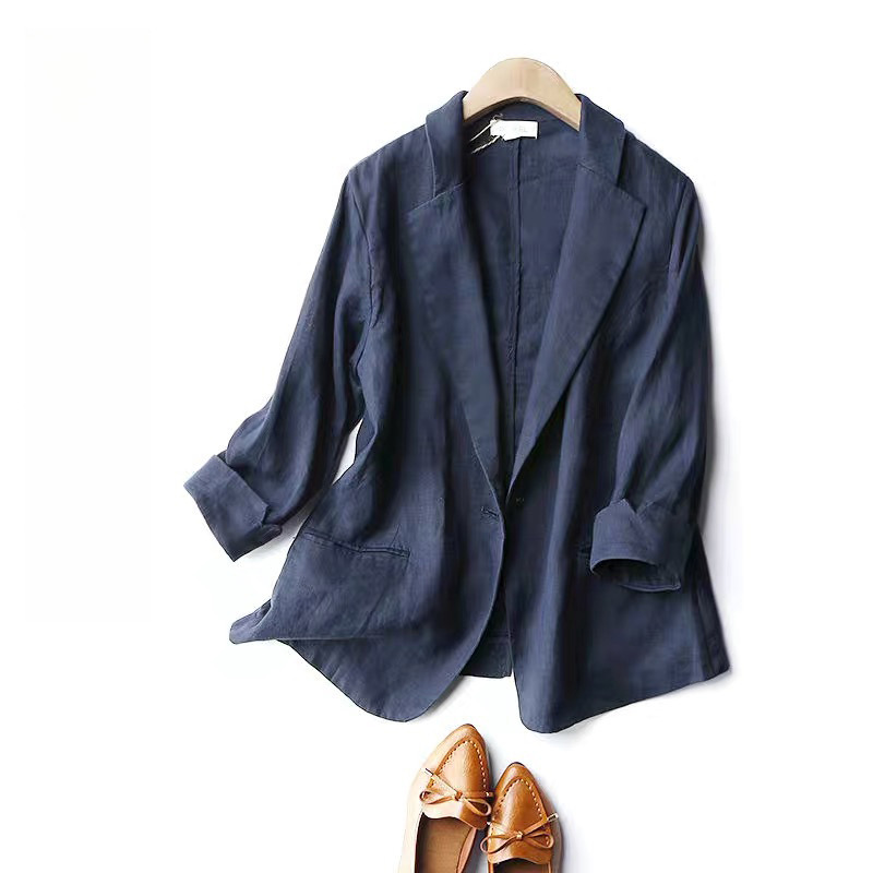 Original Foreign Trade Label-Cut Women's Linen Blazer Casual Japanese Style Three-Quarter Sleeve Cotton-Linen Top