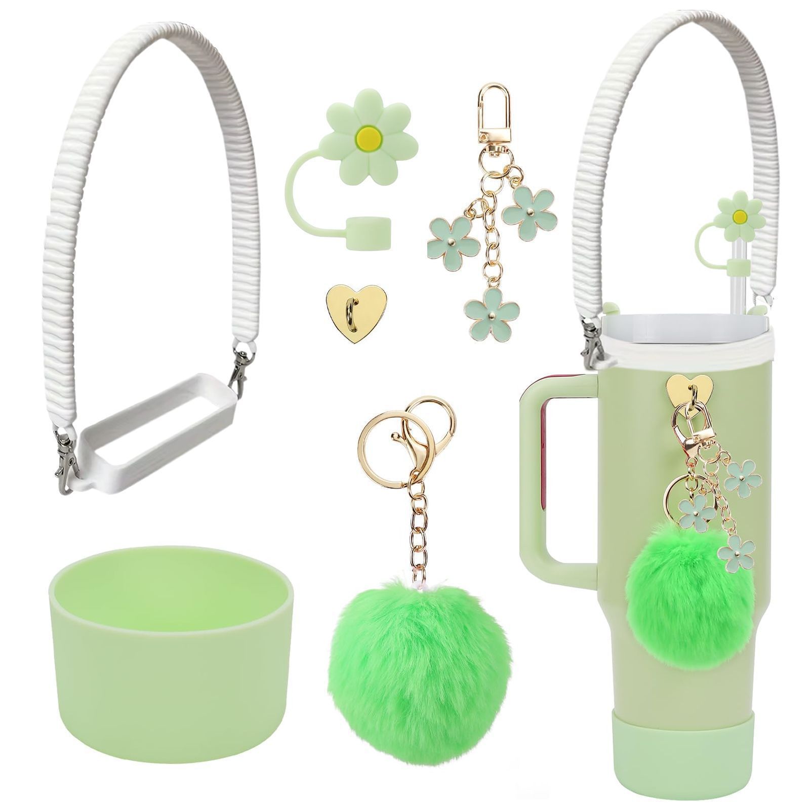 7pcs taza Stanley cuerda de mano colgante de silicona flor tapa de pajita bola de felpa colgante de copa cadena de taza de color