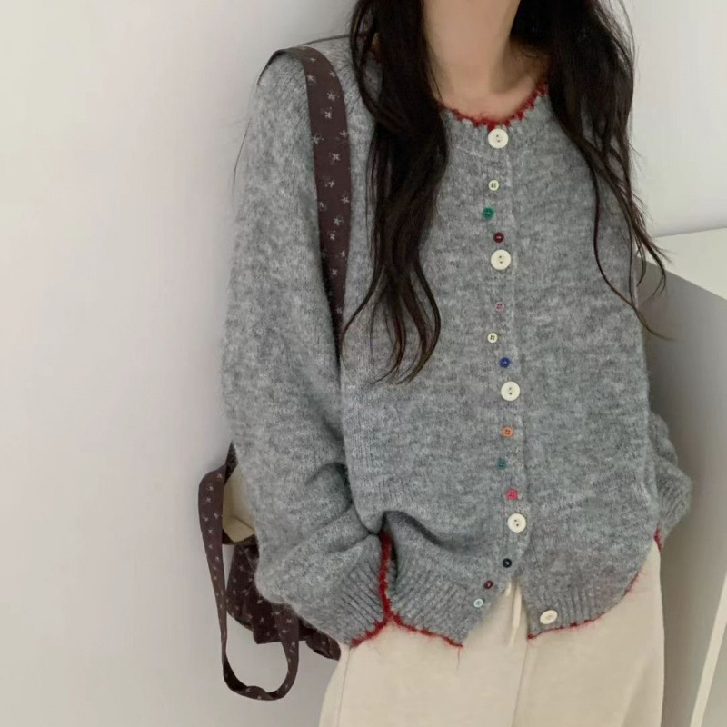 韩系甜美慵懒风趣味纽扣毛衣外套女2025秋季新款宽松减龄针织外套|undefined