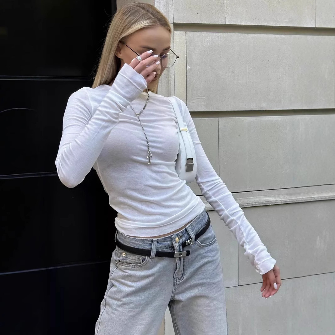 2024 otoño nuevo estilo europeo y americano transfronterizo ropa de mujer de color sólido moda delgada cuello redondo corno camiseta de manga larga camiseta mujer
