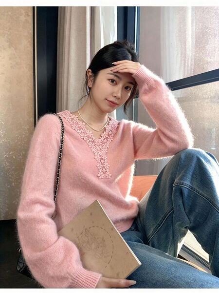 设计感甜美蕾丝拼接连帽针织衫羊毛羊绒拉毛毛衣套头拉绒毛衣帽衫