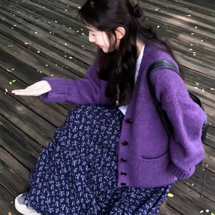 Korean-style, relaxed-fit purple sweater coat for women, new autumn/winter collection, plus size, loose and casual, versatile knit cardigan