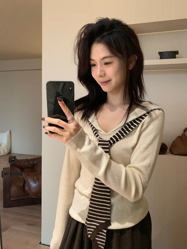 Hers一勺甜秋季韩系气质修身显瘦假两件披肩V领长袖针织衫女92401|undefined