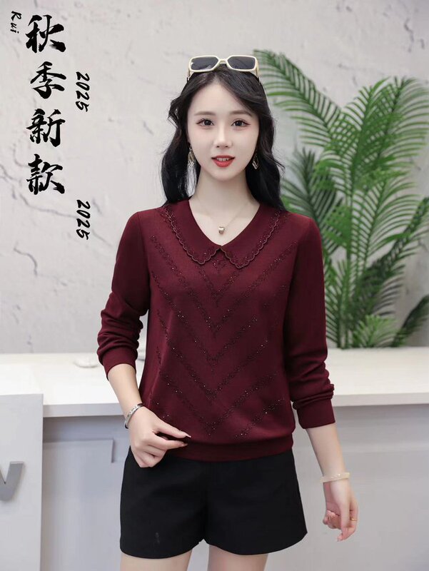 一件代发2025秋季新款时尚娃娃领宽松气质长袖烫钻减龄妈妈装上衣|undefined