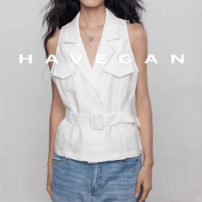 Áo vest blazer nữ không tay cổ vest chất liệu linen phong cách old money — màu trắng, Tên