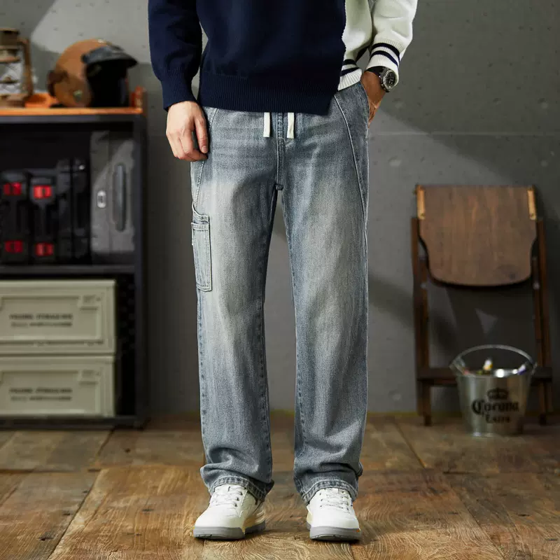 美式复古牛仔裤男士秋季新款潮牌水洗做旧宽松休闲阔腿直筒裤子男