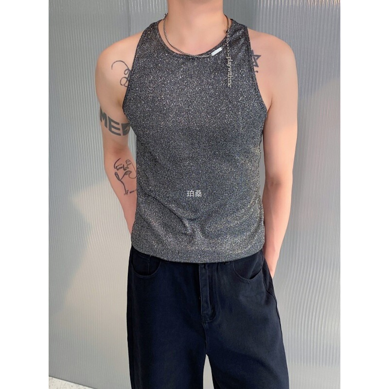 Bar and Nightclub Performance Round-Neck Slim-Fit T-Shirt for Men and Women, Stylish Stage Outfit, Sleeveless Vest, Sports Sweat Vest Bar and Nightclub Performance Round-Neck Slim-Fit T-Shirt for Men and Women, Stylish Stage Outfit, Sleeveless Vest, Sports Sweat Vest