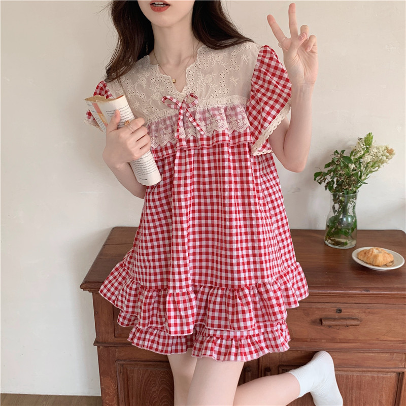 Verano ins Corea del Sur comercio exterior de las mujeres Plaid encaje dulce princesa bordado pesado encaje Home wear traje camisón