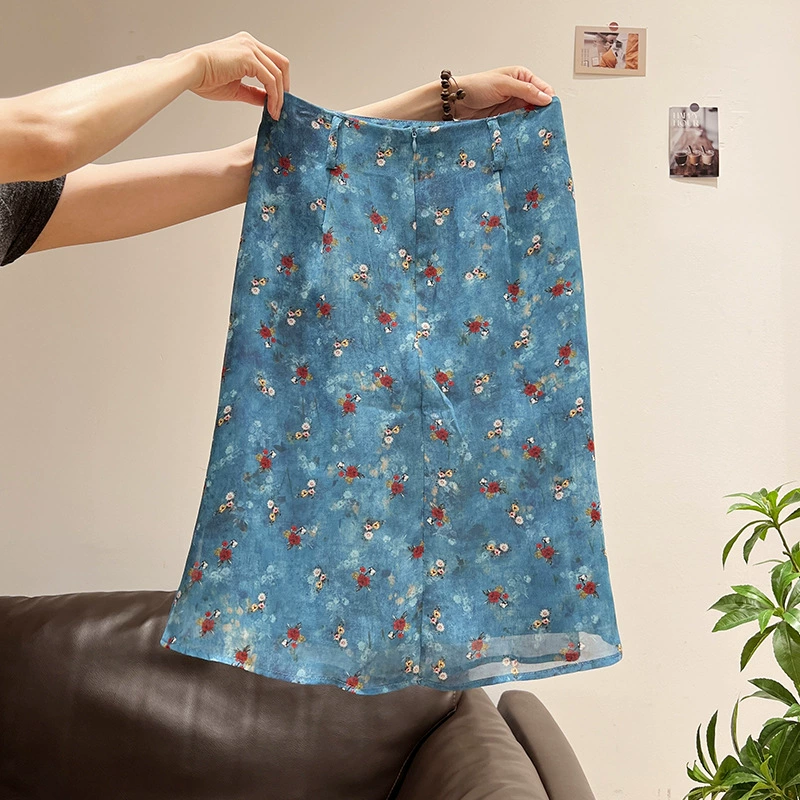Xia Zhen Французская ретро-синяя шифоновая юбка-миди с цветочным принтом для женщин, новый летний стиль, элегантная утягивающая юбка-карандаш с высокой талией.