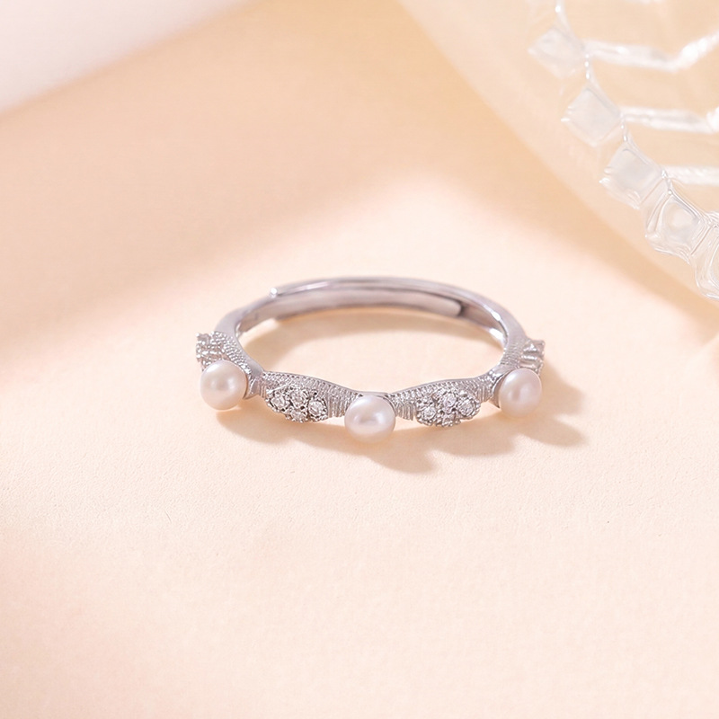 Nhẫn bạc S925 đính ngọc trai nước ngọt tự nhiên, kiểu dáng mở điều chỉnh được — Bạc