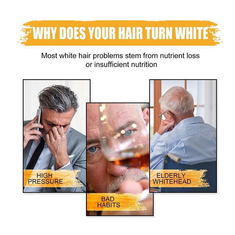 an orange banner with white text explaining why your hair turns white alongside a men’s grey coverage bar shampoo for dark hair 50g designed to cover gray hair.