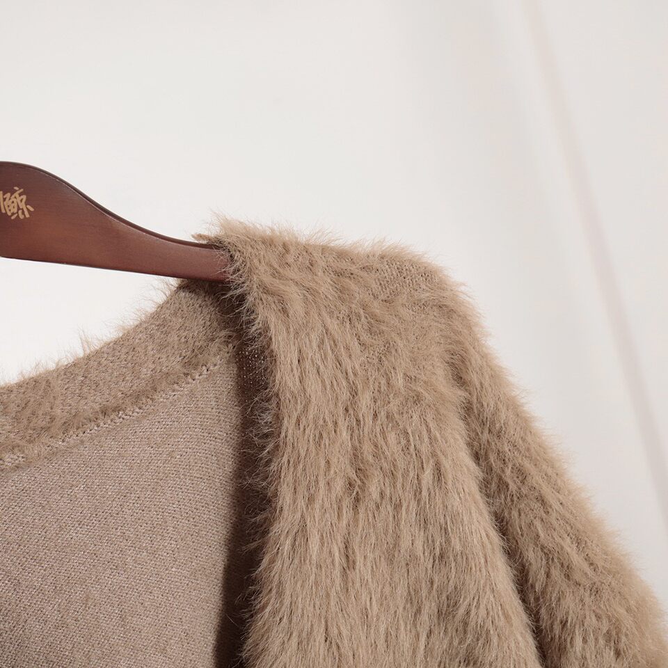 Áo cardigan len dệt kim giả lông chồn cổ V tay dài form rộng nữ — Màu hồng, Màu kaki, Màu trắng, Màu xám nhạt chi tiết 50