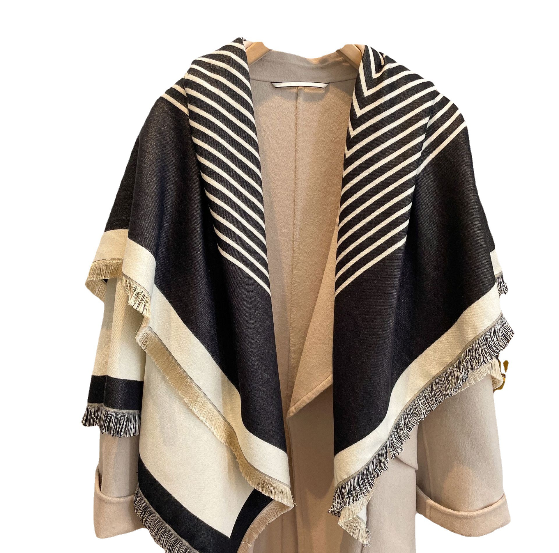 2022 Otoño e Invierno Nueva bufanda de Cachemira a rayas de Europa y América de las mujeres engrosada bufanda caliente de moda todo fósforo borla chal