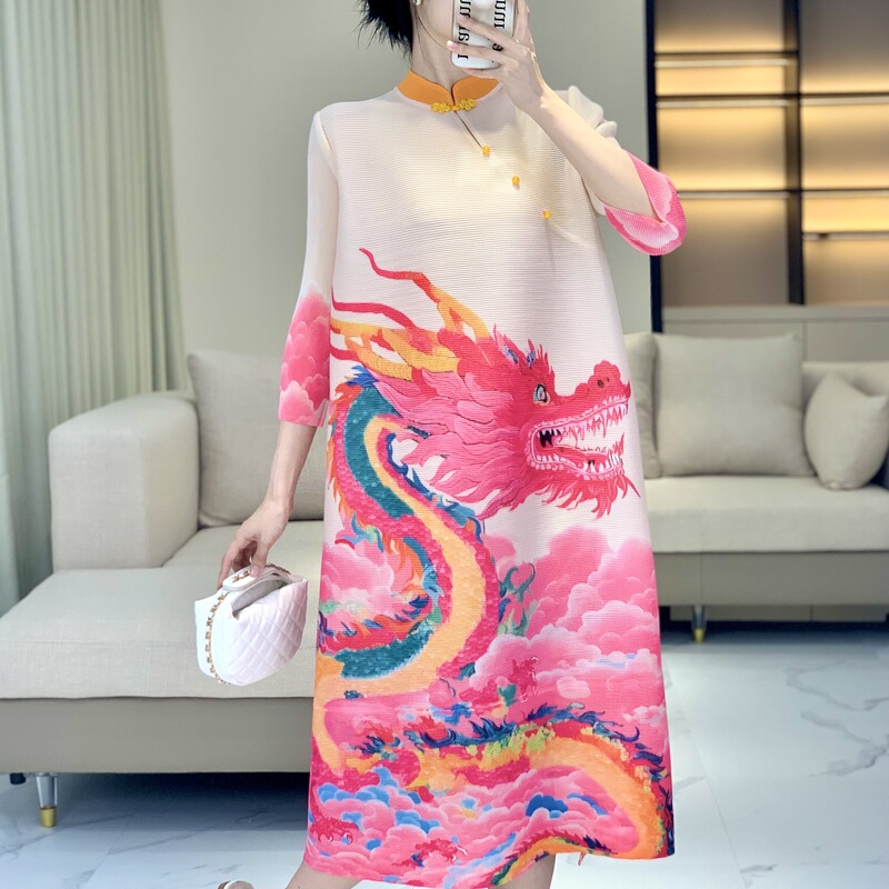 Miyake New Chinese Style 2024 Summer Skirt Style Retro Western Style Chinese Style Skirt Age-reducing Cheongsam Pleated dress Women