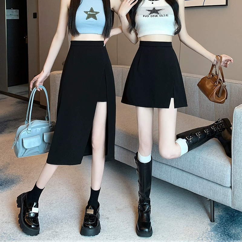 Черная юбка с нерегулярным разрезом, женская весенне-летняя юбка трапециевидной формы средней длины, 2025, брюки, юбка большого размера с высокой талией