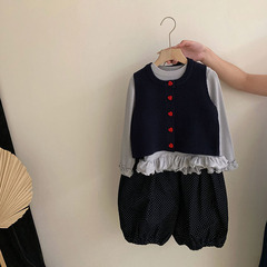 女童韩版秋季2025新款叠穿打底马甲真两件上衣波点休闲裤子三件套