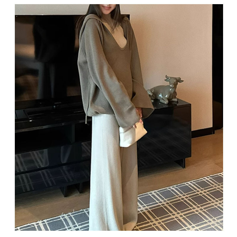 抽绳连帽深V领外搭长袖针织衫女早秋新款休闲宽松简约外套2025女|undefined