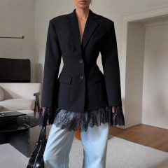 欧美风优雅高级感挺括垫肩西装外套女蕾丝拼接西服修身开衫上衣女