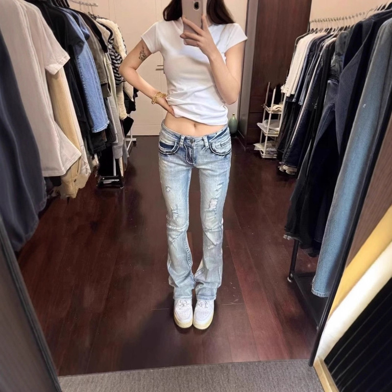 Light-Colored Ripped Flared Jeans for Women, Summer Thin Bell-Bottoms, Low-Rise, Tall, Extended Length, Floor-Length Pants