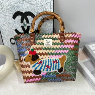 工厂现货塑编包手提包通勤托特包条纹草编包复古腊肠狗编织篮批发