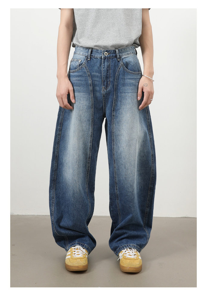 Quần jeans nam dáng thẳng rộng phối màu phong cách retro — màu xanh, màu xám đen chi tiết 6