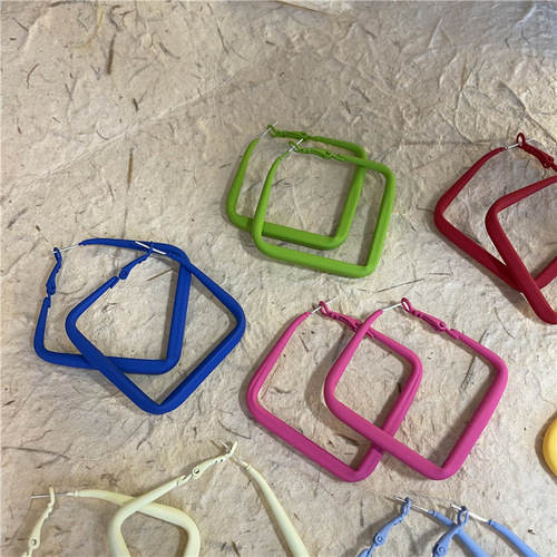 Summer Hong Kong style large square frame earrings 925 silver needle C-shaped colorful hoop earrings acrylic non-pierced ear clip earrings