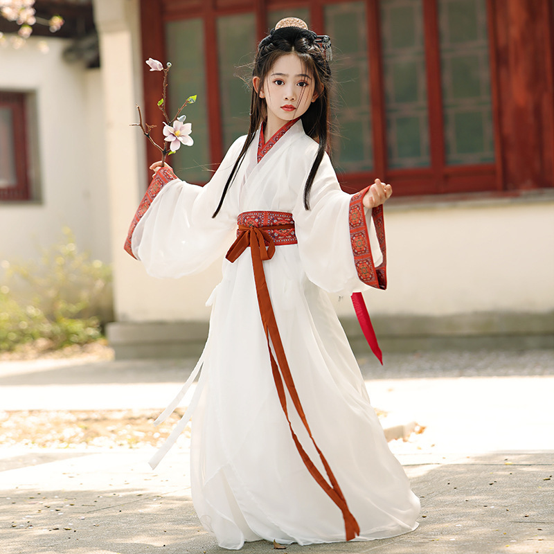 Warring States Robe Girls' Hanfu White Fairy Style Ancient Suit Traditional Hand-Collar Long Shirt Restoration Straight Chinese Style Performance Suit