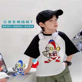 一件代发 男童插肩拼接卡通翻转亮片短袖纯棉洋气百搭中大童T恤潮