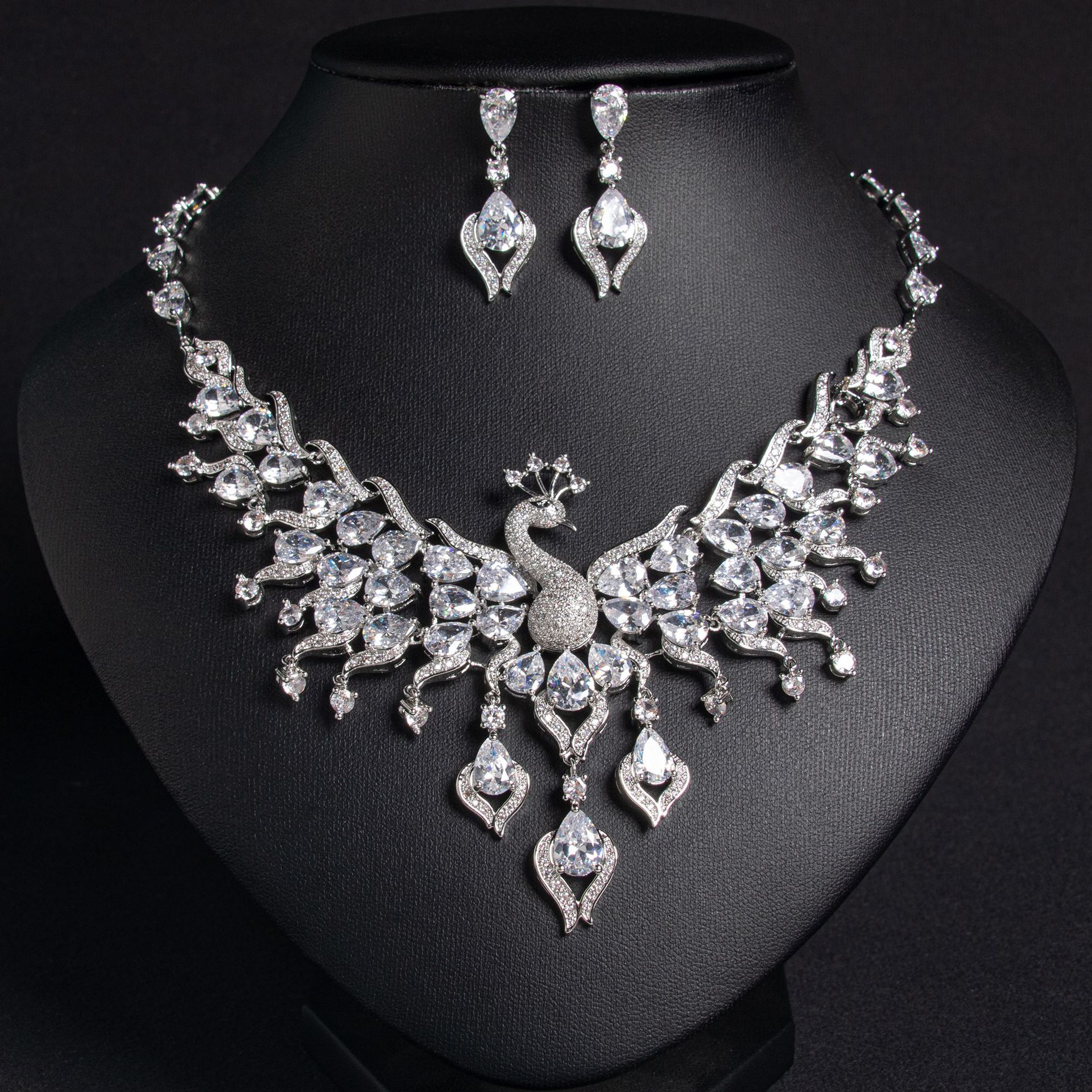 ethnic style bride zircon peacock shape earrings set tassel colorful clavicle necklace jewelry set_voghion.com