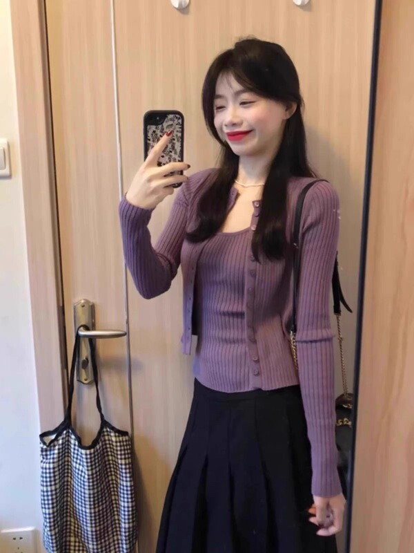 韩系温柔风针织吊带背心开衫两件套装女纯欲甜辣妹修身2025早秋季|undefined