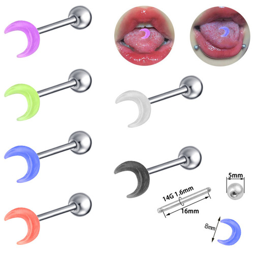 European and American hot-selling hot girl moon acrylic tongue nail stainless steel personalized tongue ring piercing jewelry factory foreign trade cross-border