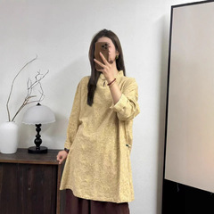 中式立领盘扣提花亚麻中长款衬衫女2025秋复古宽松改良旗袍款上衣