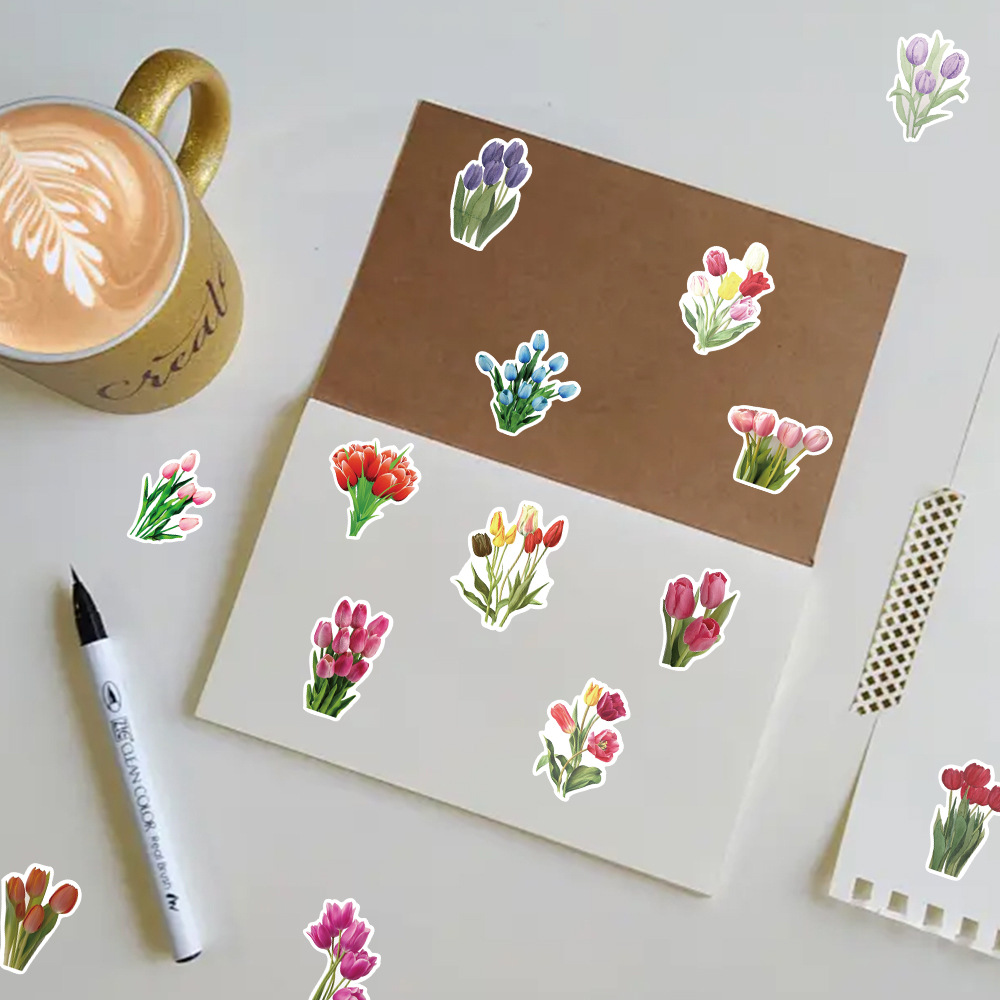 28g Weight Stickers Stationery Type 1 Set Quantity School, Graduation Occasion Adhesive Sticker Material tulips Pattern Cute, Pastoral Style 1 Set Tulips School Graduation Adhesive Sticker Cute Pastoral Stickers 7