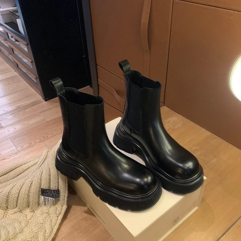 葡葡家studio 新款时髦圆头粗跟切尔西短靴厚底百搭烟筒马丁靴女|undefined