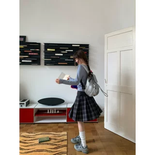 复古格纹拼接针织半身裙女春秋小个子设计感a字百褶裙子