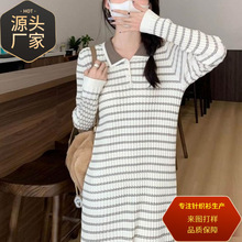 秋冬季2023新款复古条纹长袖连衣裙女士韩系宽松撞色polo针织裙子