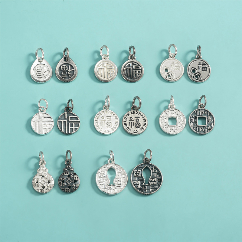 Vintage New Chinese Style Fortune Pendant S925 Sterling Silver Text Round Pendant DIY Braided Rope Bracelet Necklace Pendant