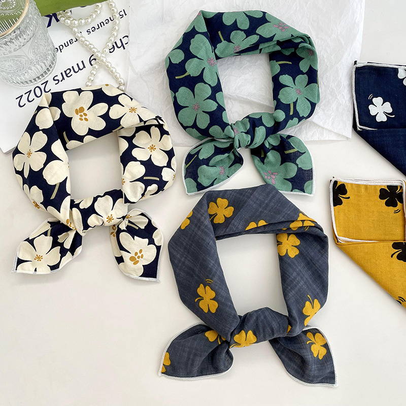 Cotton and Linen Small Square Scarf Women's Spring and Summer New Korean Style Fresh Style Floral Elegant Neck Protection Small Scarf Hair Band Headscarf Silk Scarf
